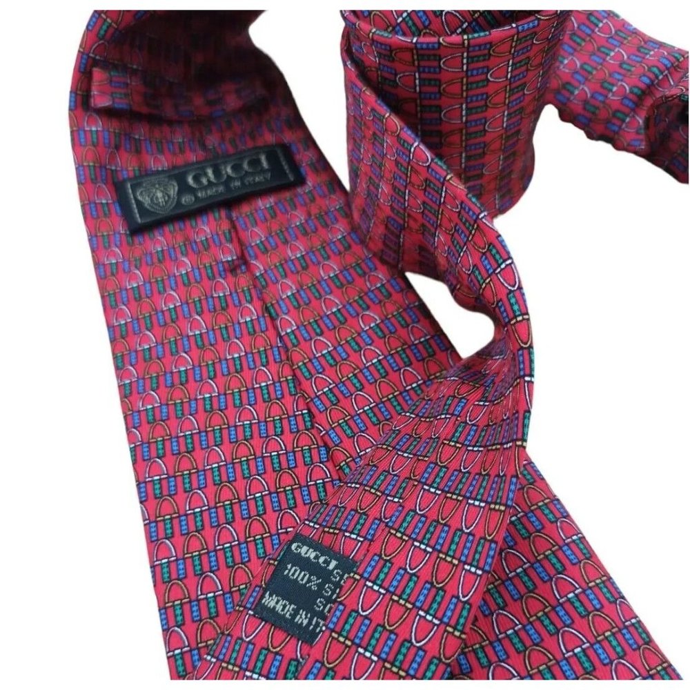 GUCCI Red Equestrian Logo Silk Tie ITALY 57"/ 3.4" EC - Picture 8 of 12